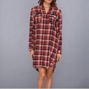 Free People 8 Days A Week Red Plaid button down raw hem Shirt Dress XS